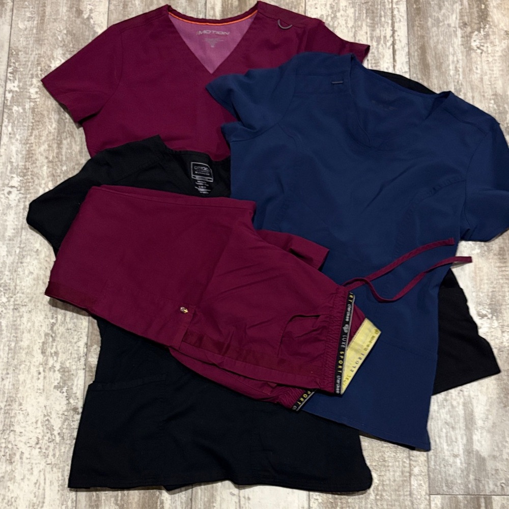 Smart Scrubs V-Neck Tops and Pants in Burgundy, Navy, and Black